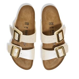 Birkenstock Cream Sandals with Gold Buckles
